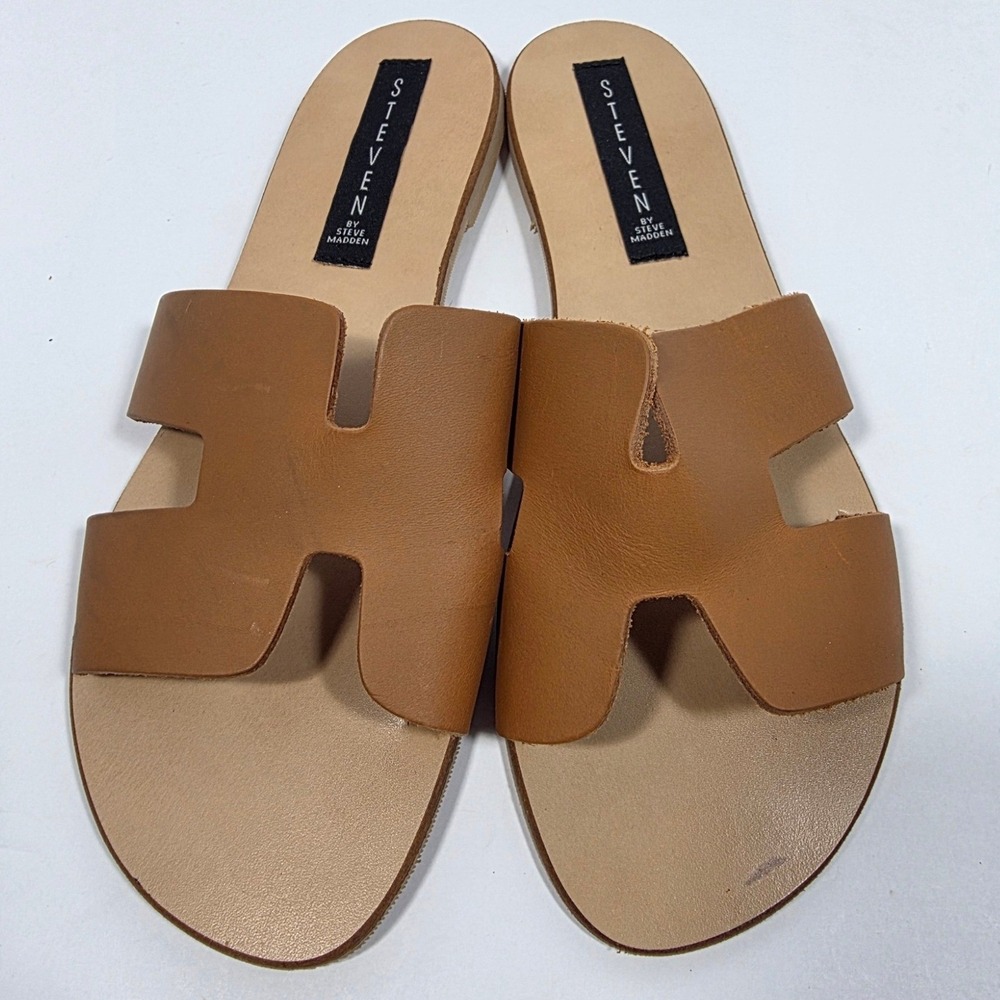 Steven Steve Madden Greece Slide Sandals 8 Brown Leather H-Band Flat Italy